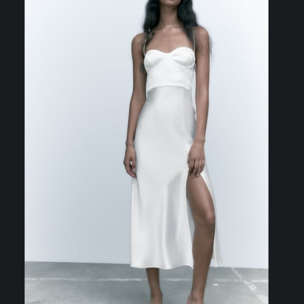 Zara satin effect dress midi sweetheart neckline white